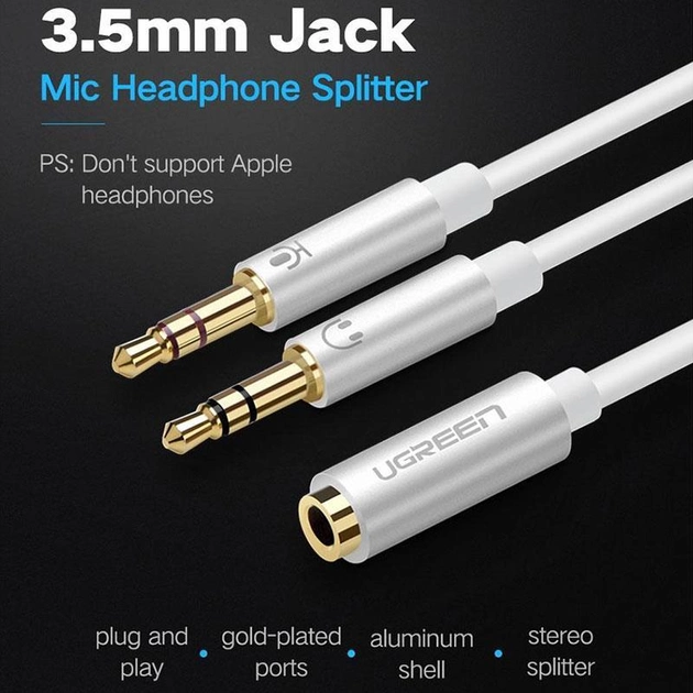 Ugreen 20897 Dây cáp gộp mic và tai nghe sang jack 3.5mm âm, ABS, trắng, 20cm